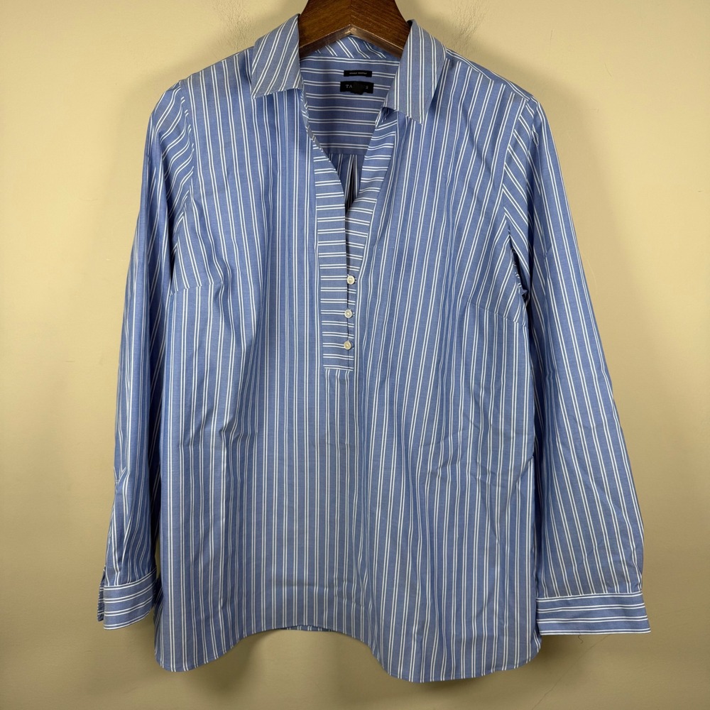 Talbots Blue/White Vertical Stripe Popover Blouse Size 16 Preppy Coastal